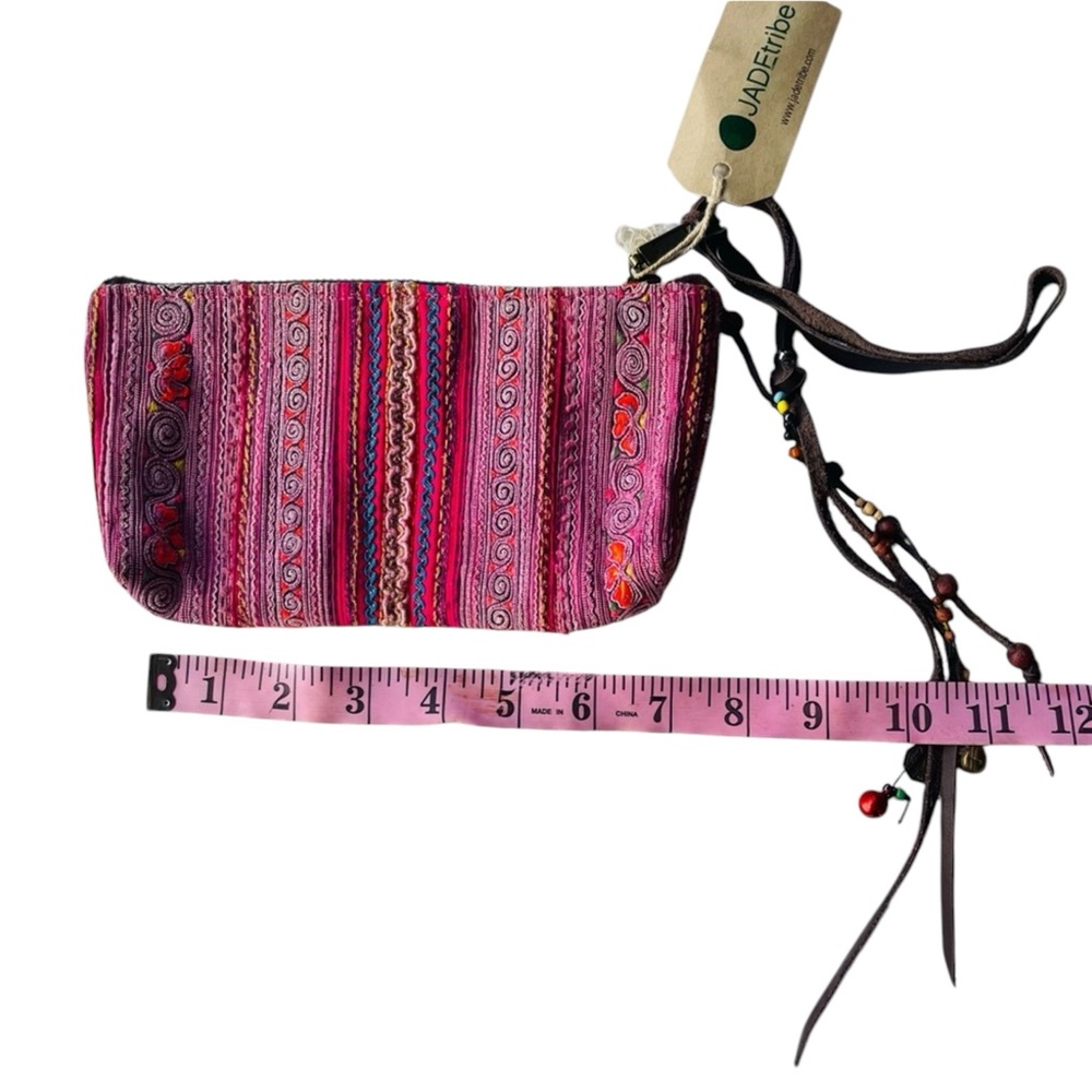 Pink Toned Handcrafted Woven Jade Tribe Clutch pull tab and leather Fringe - Picture 12 of 12